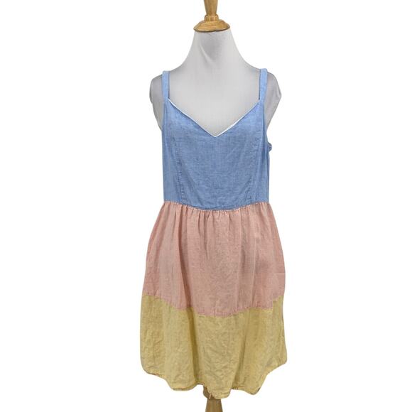 Cynthia Rowley Dress Womens L Large Colorblock Linen Tiered Sleeveless Pockets - Picture 1 of 13